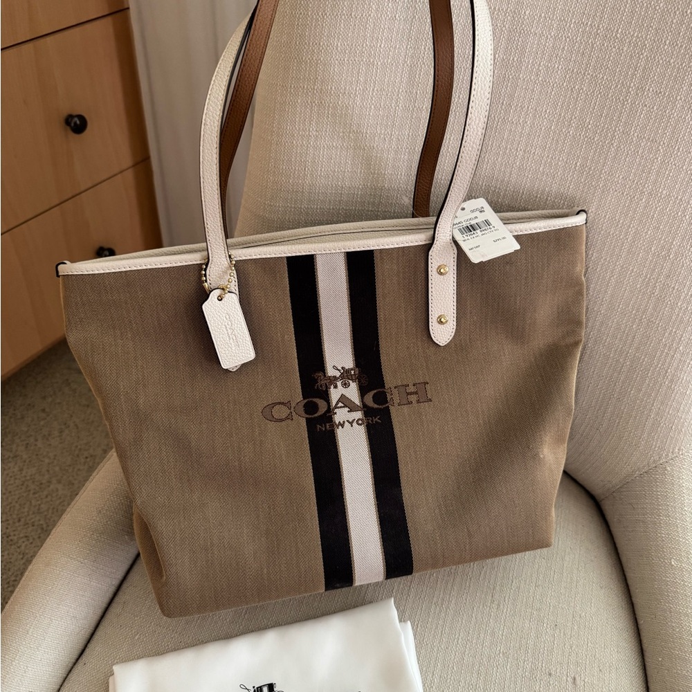 Coach Tan and White Stripe Tote NWT